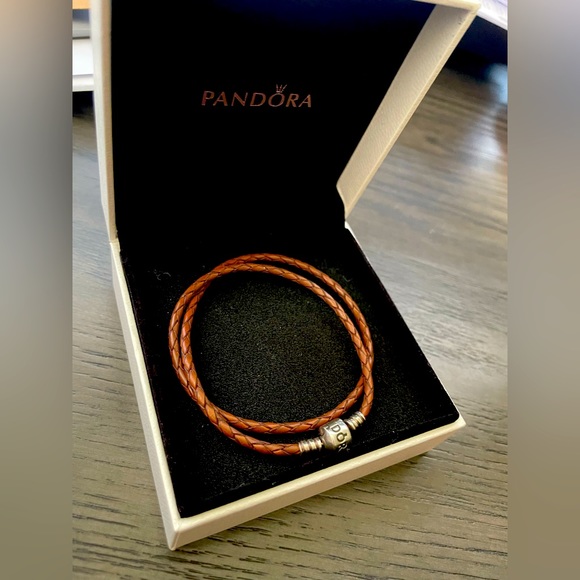 PANDORA Brown Braided Double Leather Charm Bracelet Necklace - Picture 3 of 15
